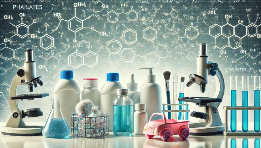 image featuring various phthalate-containing products on a laboratory bench, with the chemical composition of phthalates subtly integrated into the background.