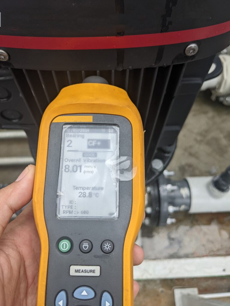 A close-up shot of a Fluke vibration meter displaying measurements. The meter is held in a hand and is being used to measure the vibration levels of a machine.